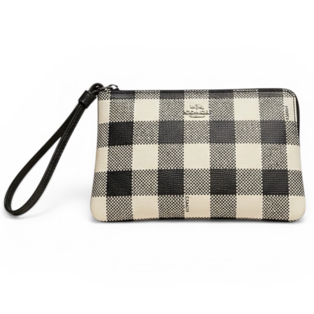 COACH Large Corner Zip Wristlet - Black & Ivory Buffalo Plaid / Gingham